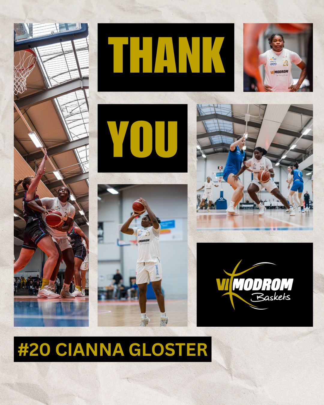 Danke-Grafik der VIMODROM Baskets Jena für Basketballspielerin Cianna Gloster (Nr. 20): Fotocollage aus Spielszenen und Porträt mit goldenem Schriftzug "THANK YOU" und "#20 Cianna Gloster" auf schwarz-goldenem Hintergrund.